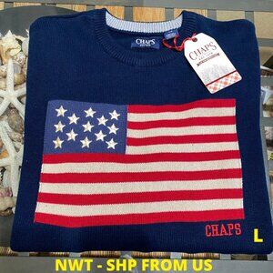 CHAPS MENS NAVY L AMERICAN US FLAG CREW NECK PULLOVER SWEATER NWT